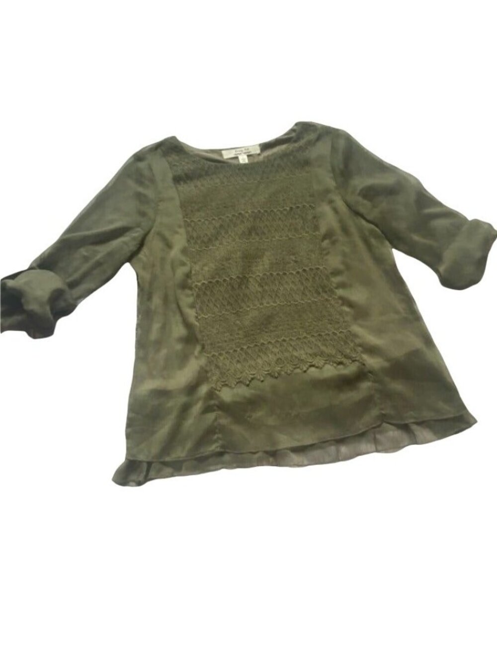 Krazy Kat Womens Roll Tab Sleeve Blouse W/ Lace Accents-Green-SM-GUC